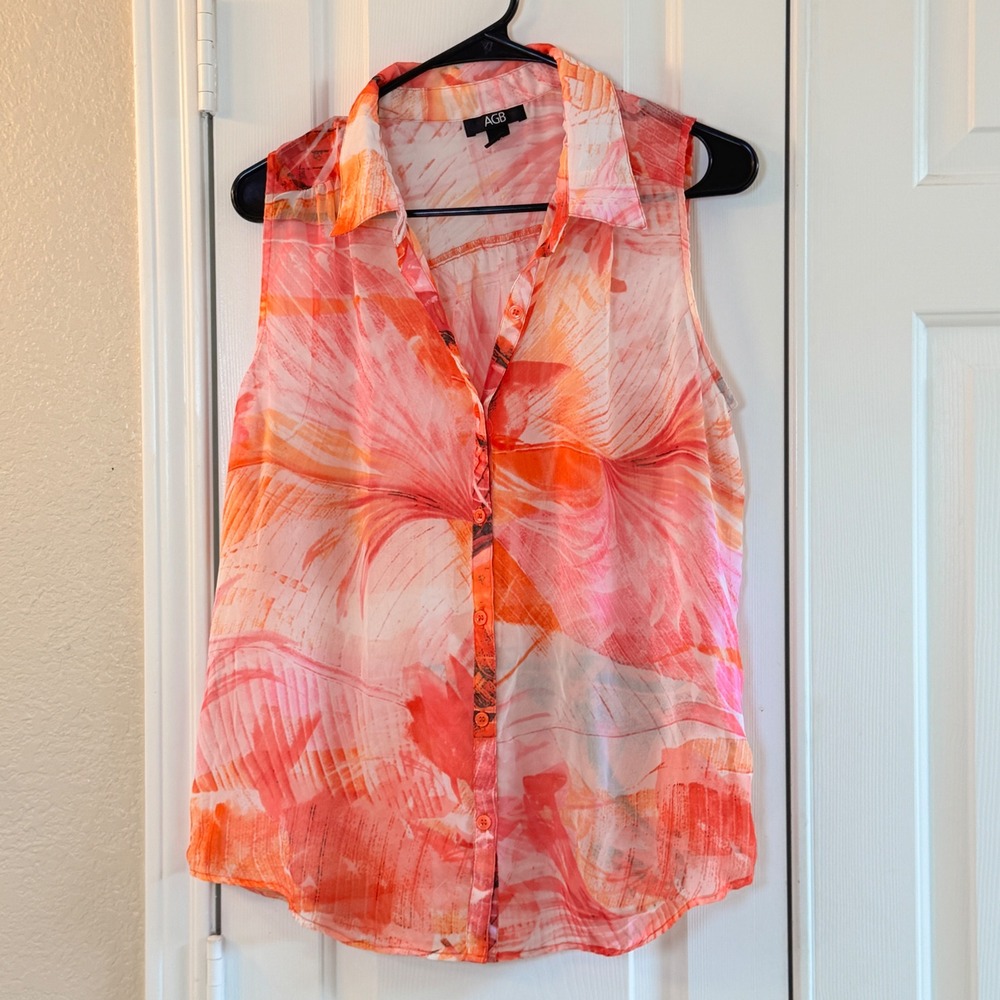 Women's Sleeveless Orange & Pink Tropical Vibes Sheer Button Up Blouse w/Collar